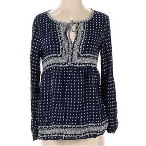 Max Studio Long Sleeve Top, Navy Blue Tie-Neck Rayon Boho Bohemian Top, Medium